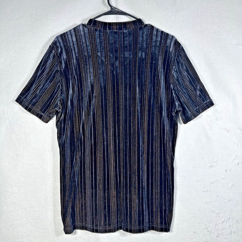 Krush Mens L Black Velvet Striped V-Neck Shirt VTG - Picture 2 of 9